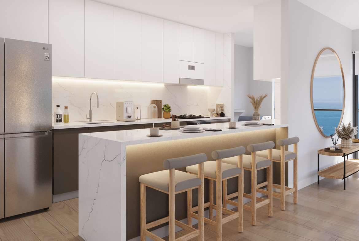 Cocina elegante y funcional en The Wave Miraflores