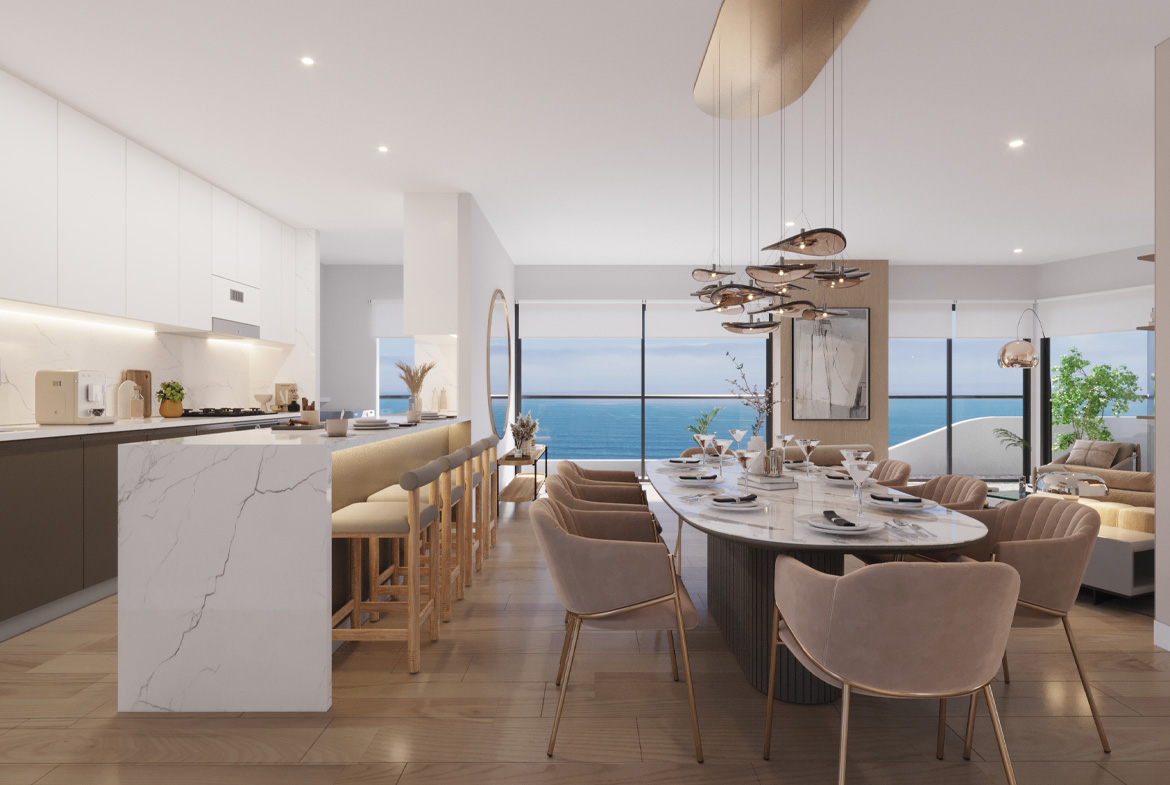 Comedor moderno en The Wave Miraflores con vista al mar