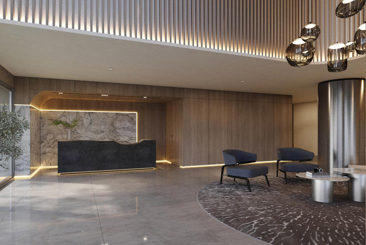 Lobby elegante de The Wave Miraflores con diseño contemporáneo