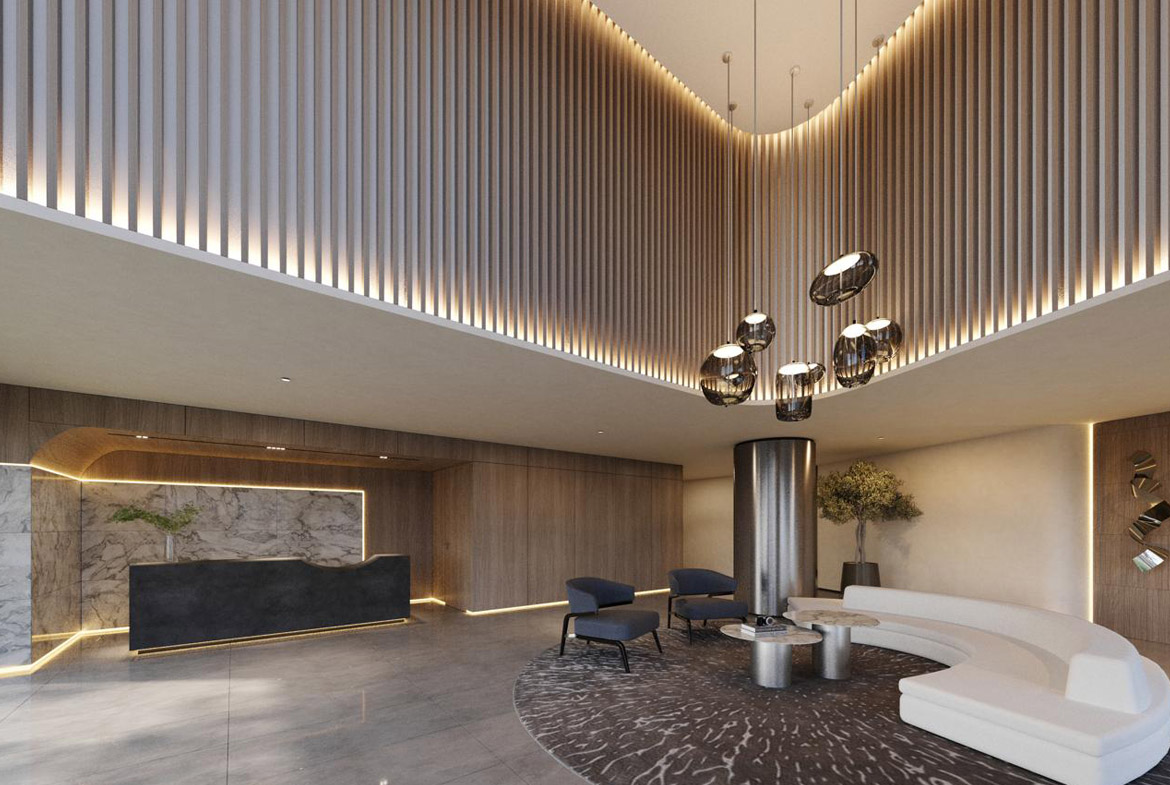 Lobby elegante de The Wave Miraflores con diseño contemporáneo