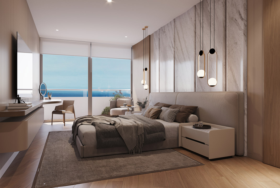 Dormitorio principal en The Wave Miraflores con vista al mar