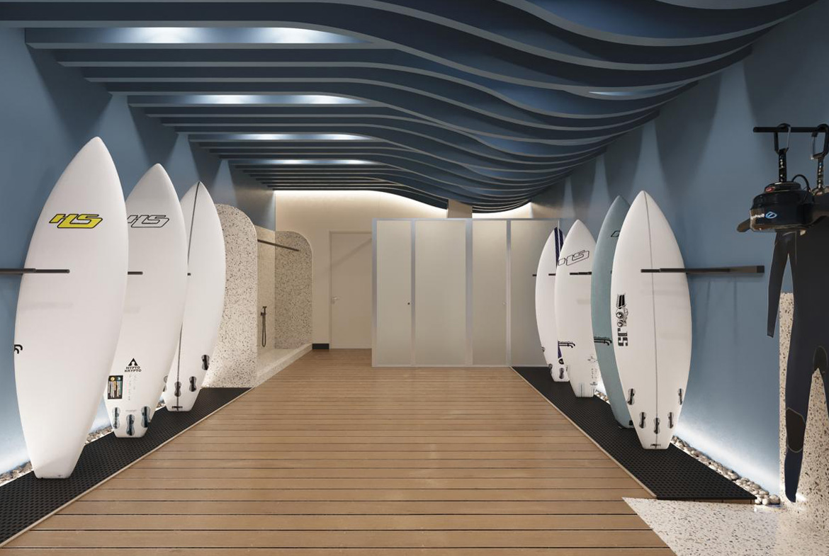 Zona surf en The Wave Miraflores para guardar tablas y bicicletas